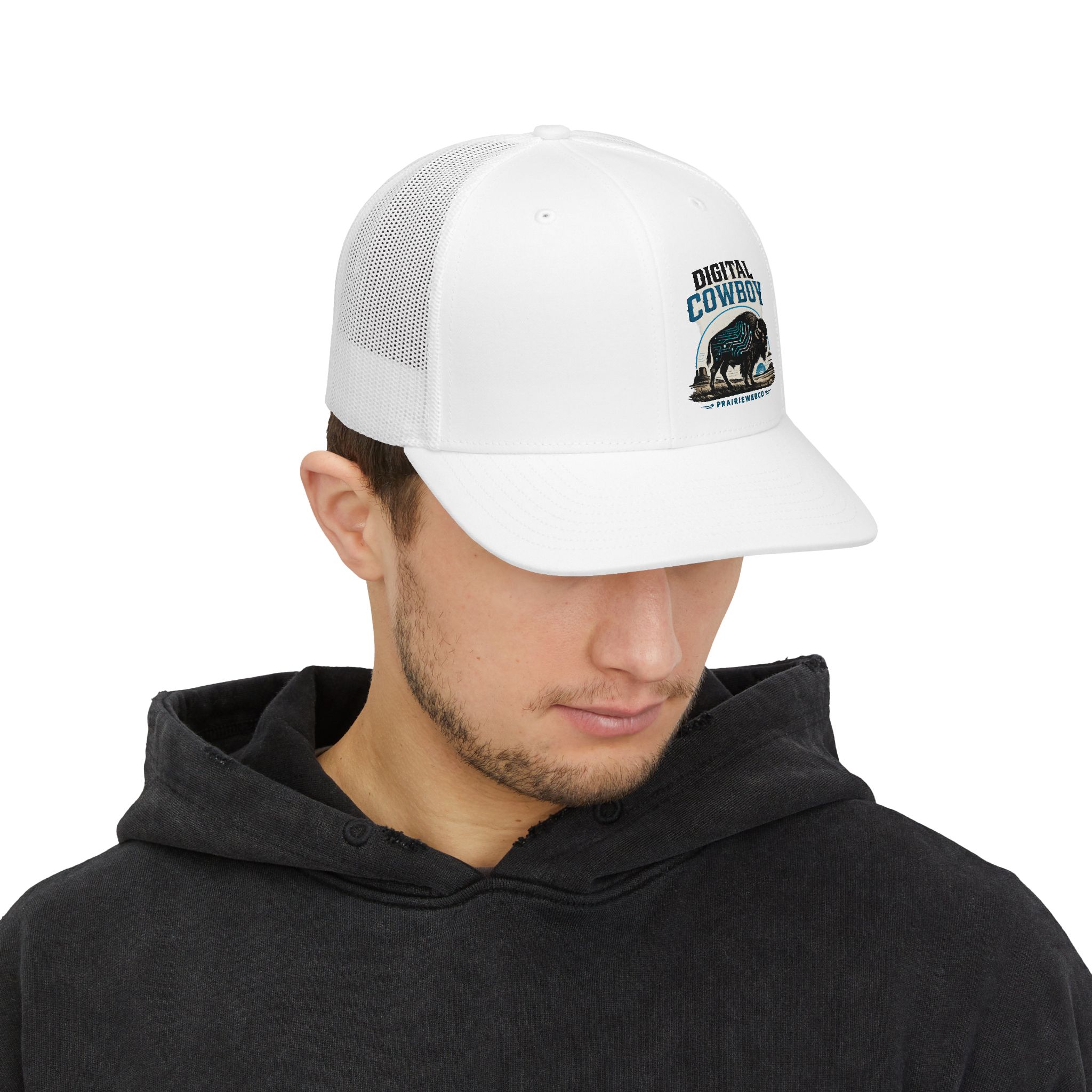 Digital Cowboy Trucker Hat — Retro Buffalo Logo Snapback Cap - Image 3