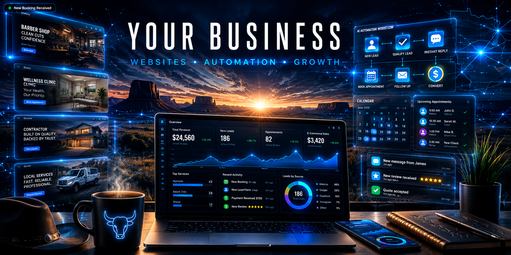 Modern local business owner managing appointments and automated bookings on a sleek tablet device