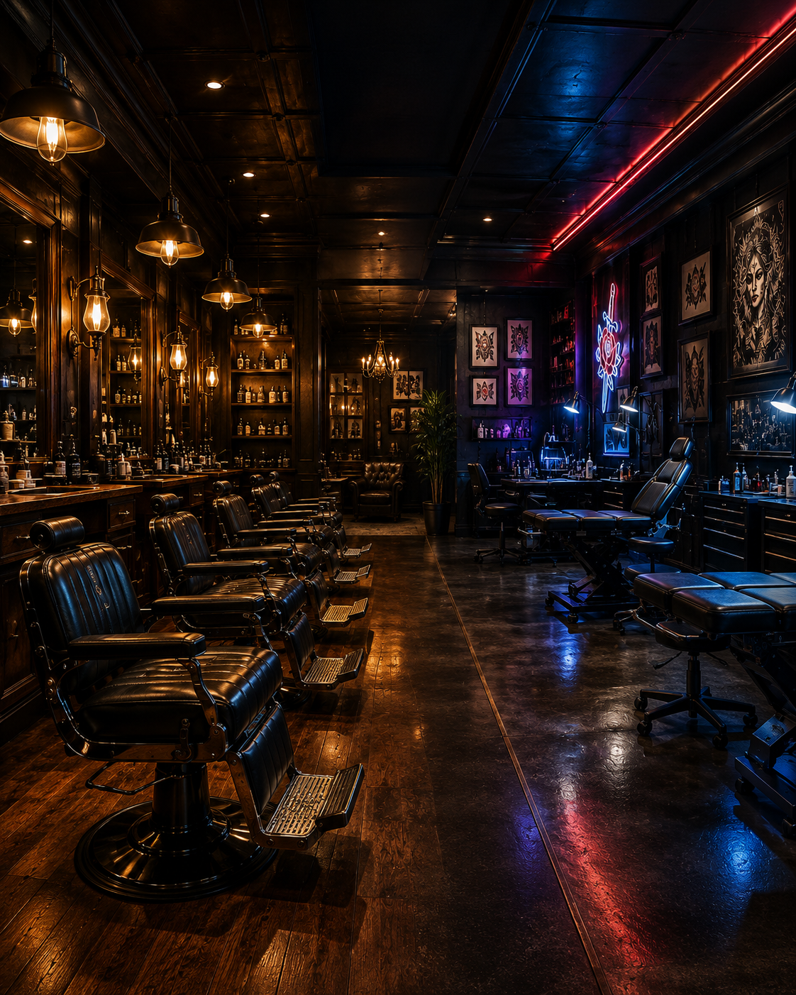 Luxury barber and tattoo studio interior