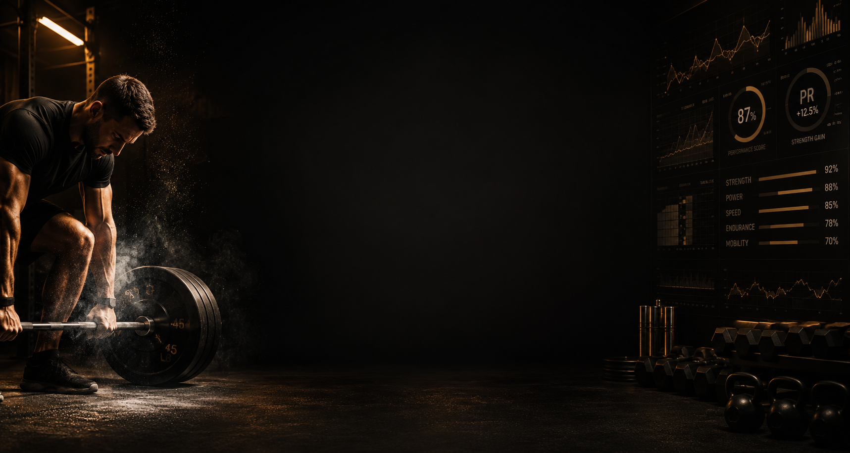Elite athletes training with barbells in a premium, high-contrast cinematic gym environment