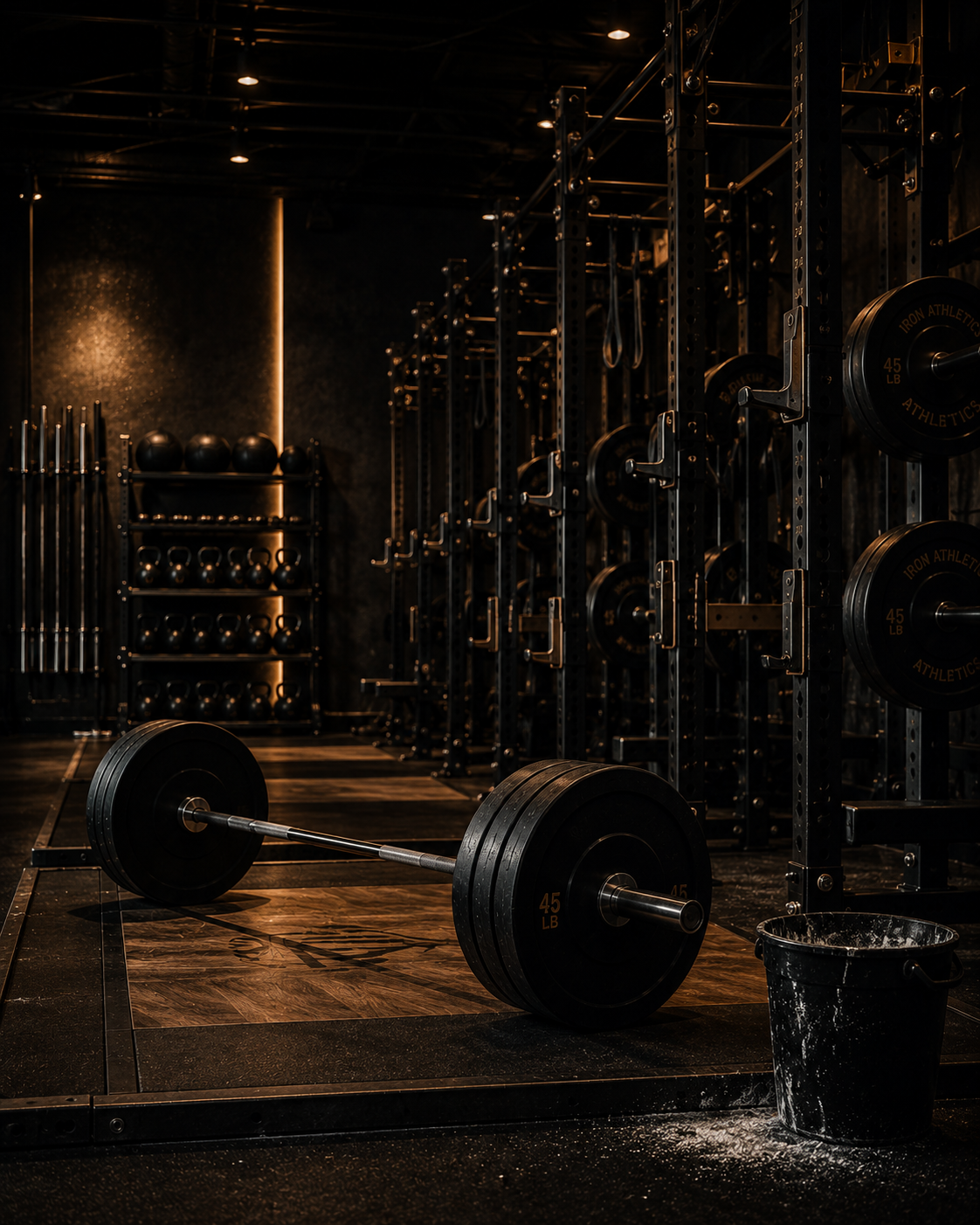 Elite strength coach correcting an athlete's barbell deadlift form in a dark, premium gym setting