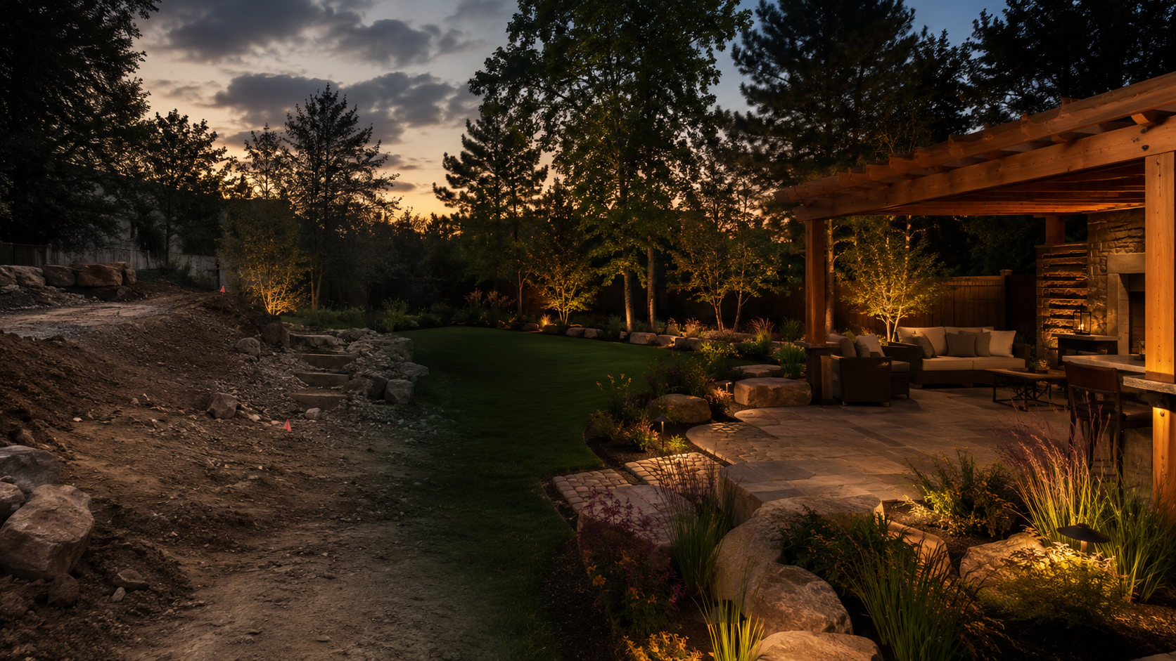 Custom luxury stone patio and cedar pergola outdoor construction