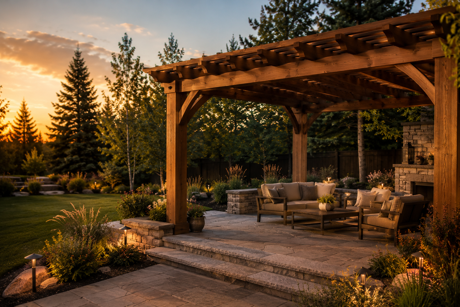 Perfectly manicured lawn with fresh mulch and vibrant garden beds