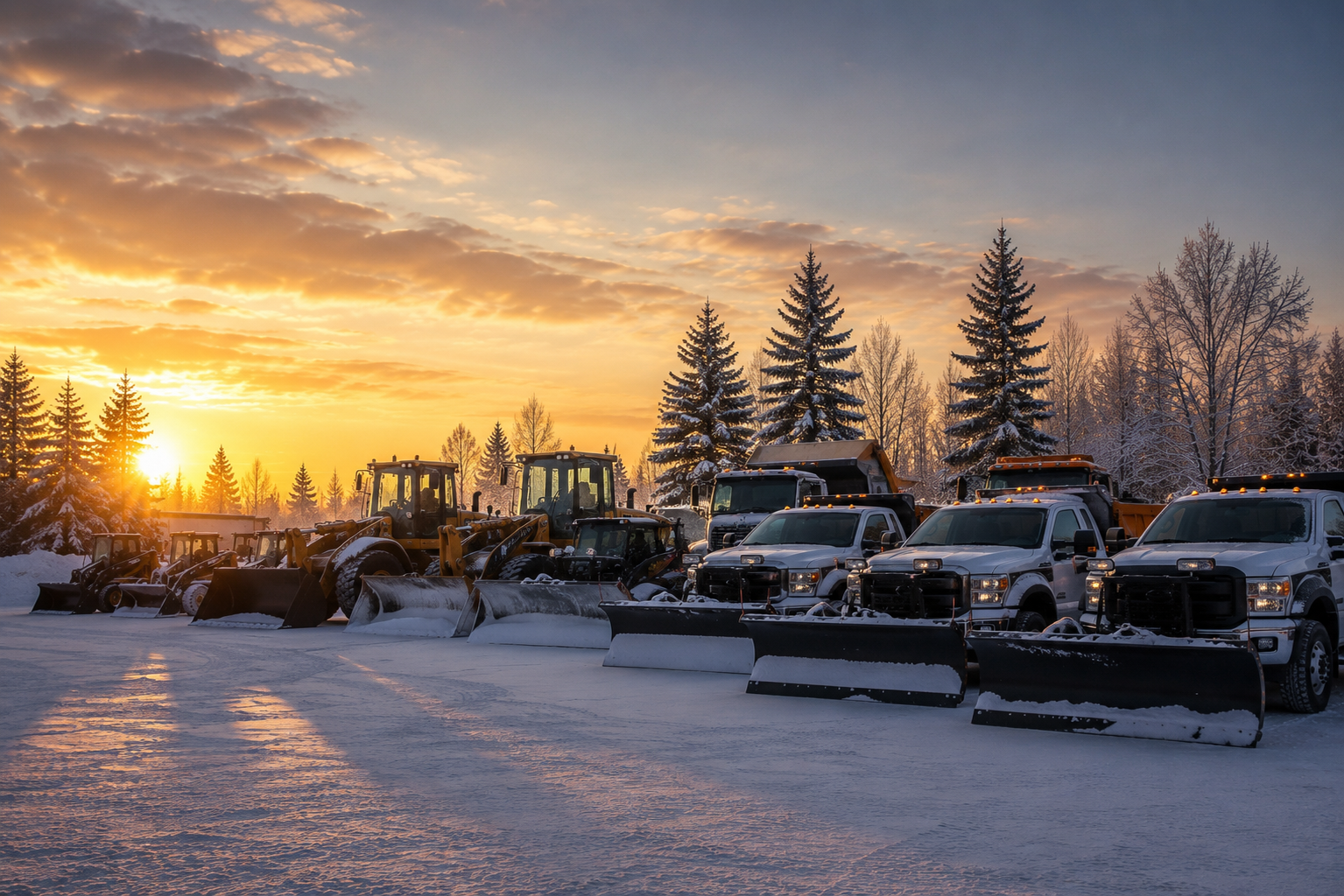 Commercial snow plow clearing a large parking lot at night