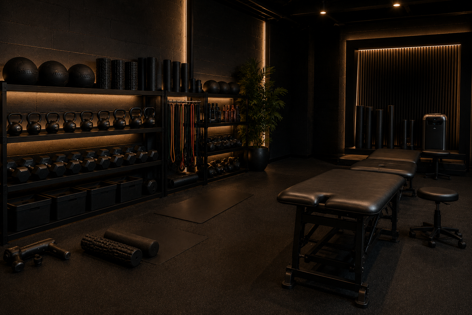 Perfectly organized row of heavy competition kettlebells next to a chalk stand