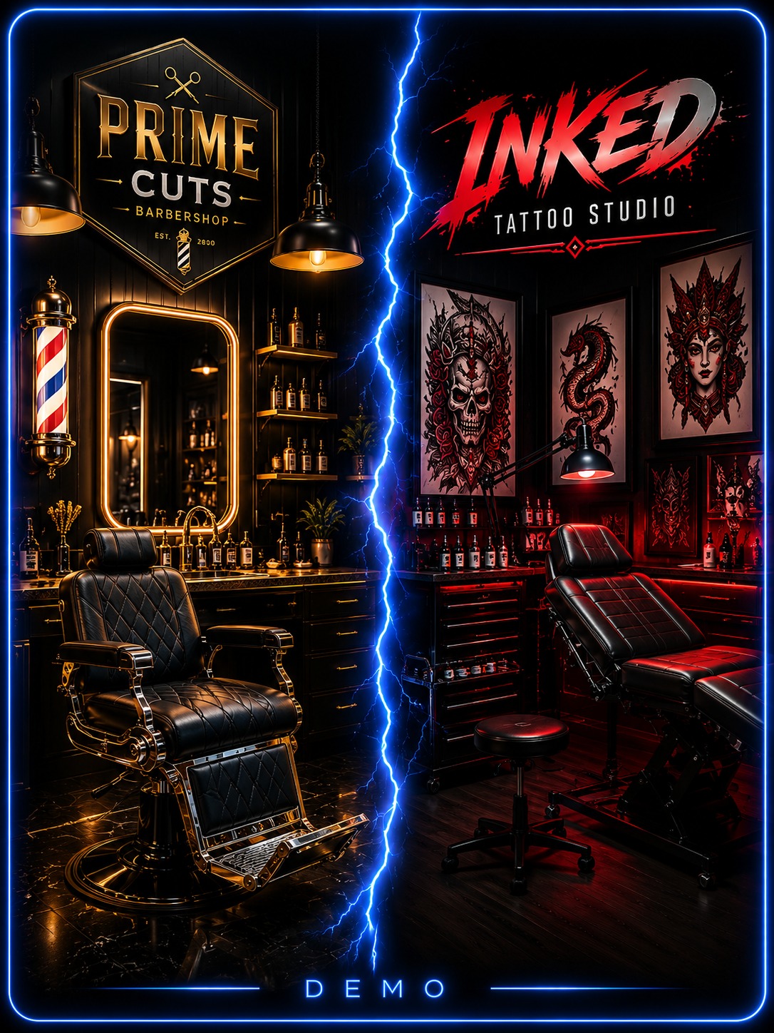 Modern barber shop interior with vintage barber chairs and clean workstations